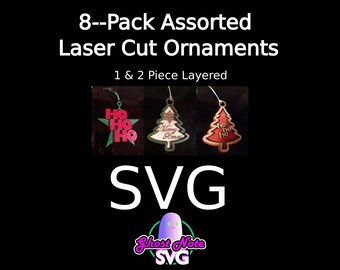 8-PACK Laser Cut Christmas Ornaments, Assorted, Resizeable (SVG) Glowforge, Cricut, OmTech, Laser