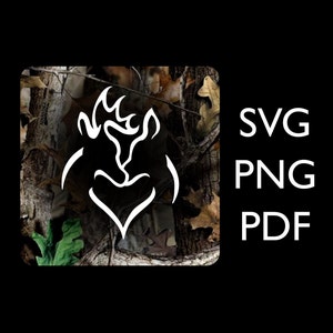 May include: White silhouette of two deer antlers intertwined to form a heart shape, set against a camouflage background.