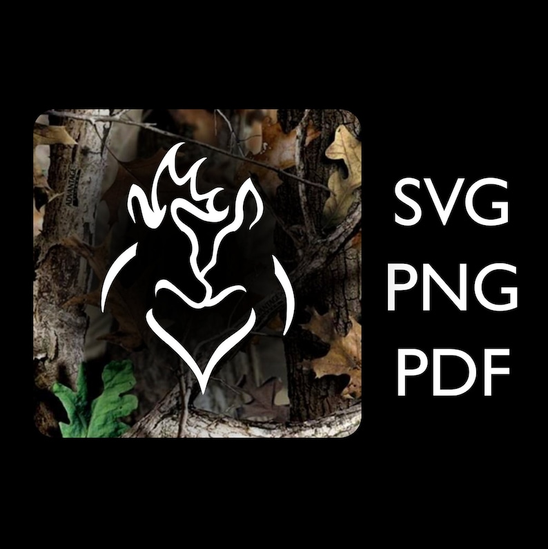 May include: White silhouette of two deer antlers intertwined to form a heart shape, set against a camouflage background.