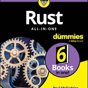 May include: A book titled Rust All-in-One for Dummies by Paul McFedries. The black cover features a yellow top and bottom section, a purple header, and a circular graphic showing gold mechanical gears. A purple circle states 6 Books in one!