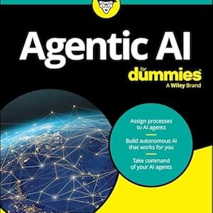 Peut inclure: Un livre intitulé Agentic AI for Dummies par Pam Baker. La couverture présente un fond noir avec du texte blanc, une section inférieure jaune et une bande supérieure turquoise. Un graphique circulaire montre une Terre bleue lumineuse.