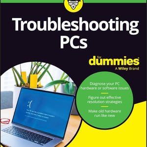 Peut inclure: Un livre intitulé Troubleshooting PCs for Dummies par Dan Gookin. La couverture présente un design vert et noir avec un encart circulaire montrant l'écran d'un ordinateur portable affichant un message d'erreur bleu et une icône de personnage jaune.