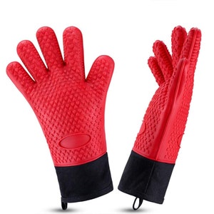 AVANA Silicone Oven Gloves Heat Resistant Grill Gloves Cooking Gloves with Soft Cotton Lining up to 250 C Gloves - Red