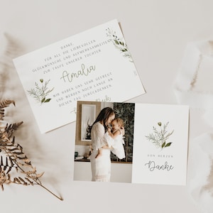 Biglietto di ringraziamento per battesimo con ghirlanda di fiori della foresta - biglietto di ringraziamento personalizzato con foto - biglietto di ringraziamento per neonato con rami e ghirlanda di fiori - ringraziamento per battesimo - 002