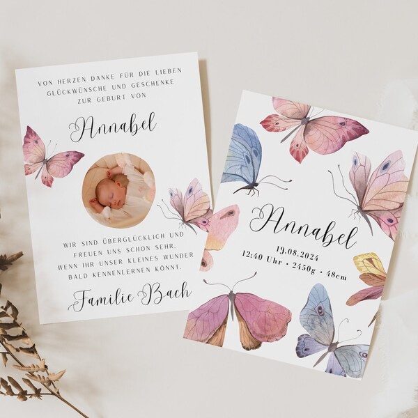 Geburtsankündigung Dankeskarte Geburt Foto Schmetterlinge - Dankeskarte Baby Geburt Danke sagen - Fotokarte Baby Geburt verkünden