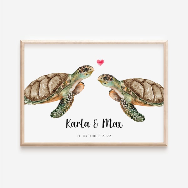 Paarposter Schildkröte mit Namen & Datum - Hochzeitsposter Geschenk Hochzeit - Jahrestag Geschenk - Hochzeitsgeschenk personalisiert