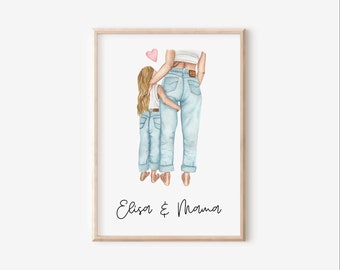 Poster Mama und Tochter - Geschenk Muttertag - Poster Tochter und Mutter in Jeans - kreatives Muttertagsgeschenk - Poster Mama