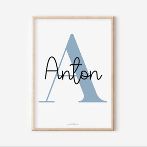Poster Kinderzimmer Anfangsbuchstabe - Taufposter Name - Personalisiertes Poster Initialen - Namensposter Junge - Geburtsposter blau