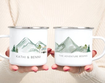 Personalized enamel cup for the wedding - 0.3 ml cup mountains & names - Let the Adventure begin - wedding cup - wedding gift travel