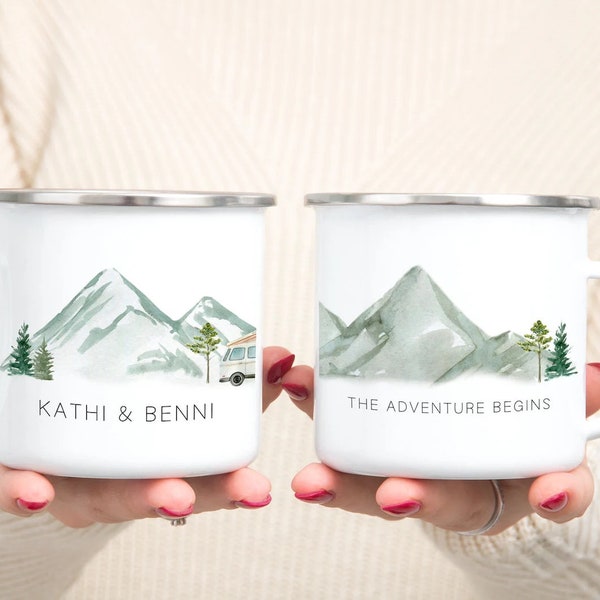 Personalized enamel cup for the wedding - 0.3 ml cup mountains & names - Let the Adventure begin - wedding cup - wedding gift travel
