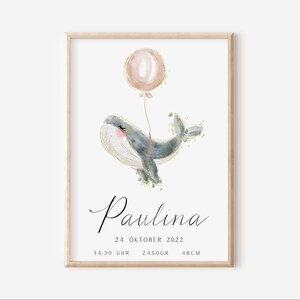 Cartel de nacimiento Ballena - Cartel de guardería Fechas de nacimiento - Animales marinos Cartel Regalo para el nacimiento - Regalo Bautismo - Sala de niños Póster Bebé