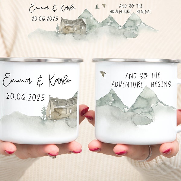 Personalized enamel mug for the wedding mountains - hiking mug mountains & names Let Adventure begin wedding mug wedding gift travel