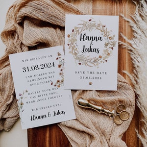 Save the Date Karte Hochzeit Blumenkranz Boho rot - Besondere Einladung Hochzeit - Einladung Hochzeit boho - Hochzeitseinladung - Mila 001