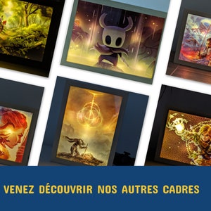 Une variété de cadres lumineux présentant des scènes de jeux vidéo, invitant à découvrir plus d'articles de la boutique Paperlyland