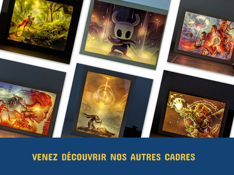 Une variété de cadres lumineux présentant des scènes de jeux vidéo, invitant à découvrir plus d'articles de la boutique Paperlyland