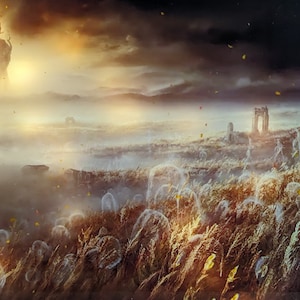Illustration Elden Ring montrant l'Arbre Erdtree surplombant un paysage brumeux et mystérieux, capturant l'essence épique du jeu