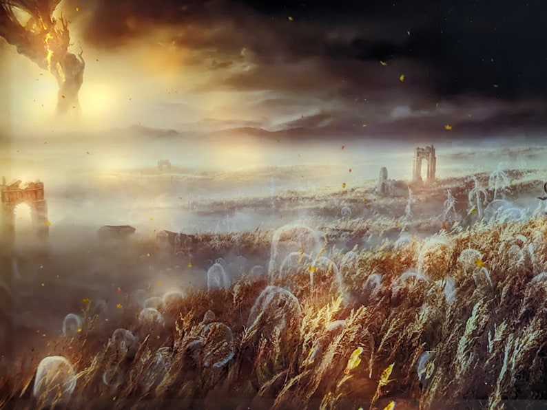 Illustration Elden Ring montrant l'Arbre Erdtree surplombant un paysage brumeux et mystérieux, capturant l'essence épique du jeu