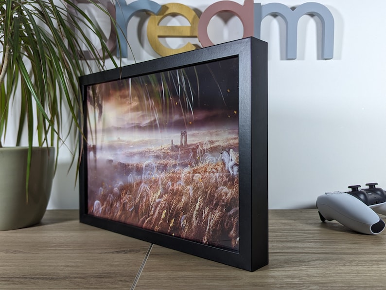 Cadre lumineux noir affichant une scène de prairie brumeuse tirée du jeu Elden Ring, parfait pour décorer une pièce de jeu. Vue de profil, idéal comme cadeau pour les fans d'Elden Ring.