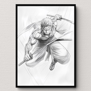 Poster One Piece Noir et Blanc - Roronoa Zoro - Illustration Minimaliste - Décoration Murale - Cadeau Idéal pour les Fans d'Anime