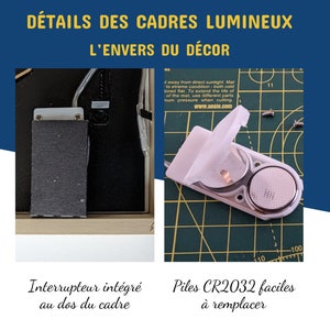 Détails techniques des cadres lumineux : interrupteur caché au dos du cadre et compartiment de piles CR2032 facile d'accès pour remplacement