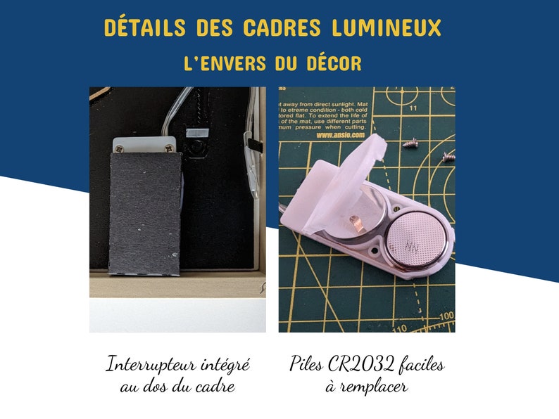Détails techniques des cadres lumineux : interrupteur caché au dos du cadre et compartiment de piles CR2032 facile d'accès pour remplacement