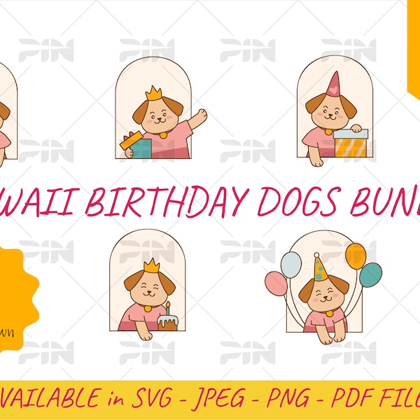 Kawaii Birthday Dog SVG Bundle: 5 Adorable Dog Illustrations | SVG Files, Kawaii Designs, Cute Dog Characters, Cartoon Animals
