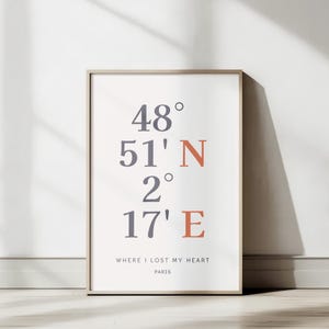May include: A framed print with the coordinates 48° 51' N 2° 17' E and the text "WHERE I LOST MY HEART PARIS".