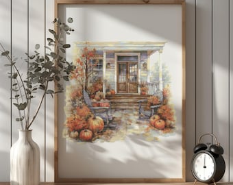 Patrón de punto de cruz con paisaje otoñal, diseños de punto de cruz de paisajes de otoño, Pattern Keeper, decoración del hogar Cottagacore