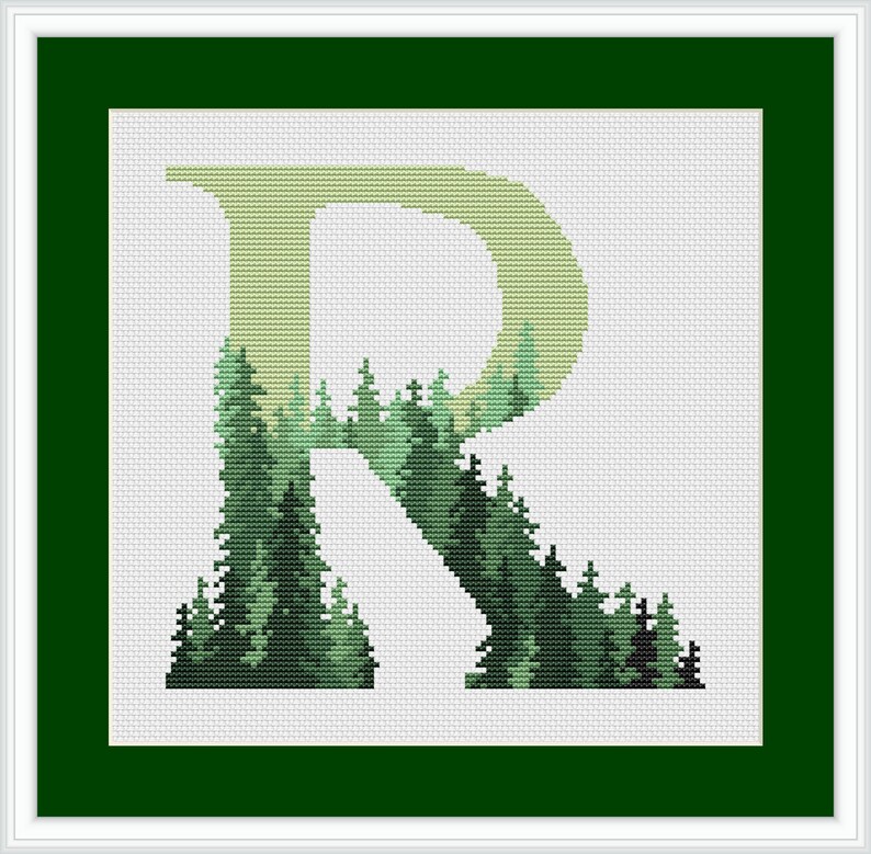 Monogram Cross Stitch Pattern, Green Forest Embroidery Design With