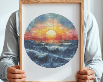 Schema per punto croce di paesaggio marino con onde, contato, schema per punto croce di tramonto, disegni per punto croce marini, disegni per ricamo naturalistico