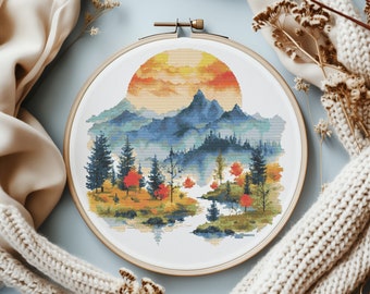 Landscape Cross Stitch Pattern With Mountains, Sunrise Cross Stitch Art, Nature Embroidery Designs, Counted Cross Stitch Charts