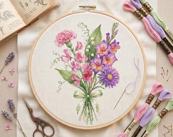 Custom Cross Stitch Pattern With Floral Bouquet, Counted Cross Stitch Chart Pdf With Birth Flowers,  Embroidery Designs, Pattern Keeper File
