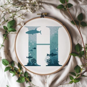 Modern Letter Cross Stitch Pattern, Counted, Family Initials Embroidery Designs, Marine Monogram Cross Stitch Chart, Easy Cross Stitch