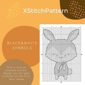 Pu&ograve; includere: Schema di punto croce in bianco e nero di un coniglio con papillon. Lo schema &egrave; su una griglia con numeri di riferimento. Il testo "XStitch Pattern" e "BLACK&WHITE SYMBOLS" &egrave; in alto nell'immagine.