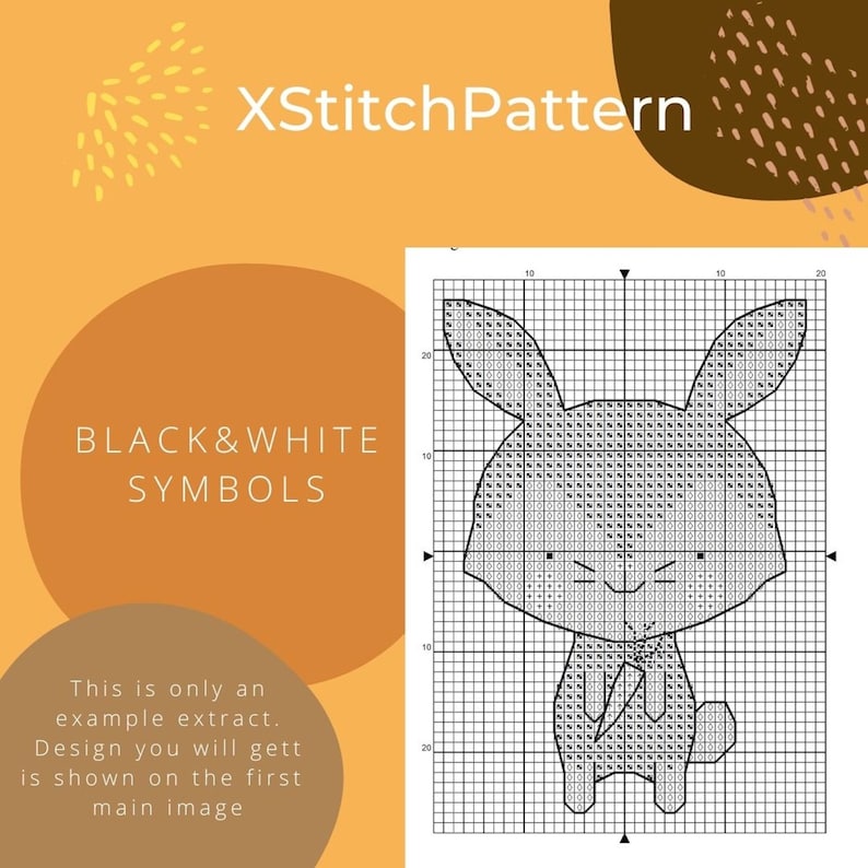 Pu&ograve; includere: Schema di punto croce in bianco e nero di un coniglio con papillon. Lo schema &egrave; su una griglia con numeri di riferimento. Il testo "XStitch Pattern" e "BLACK&WHITE SYMBOLS" &egrave; in alto nell'immagine.