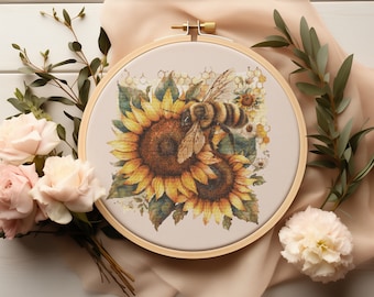Cross Stitch Pattern With Bee, Counted, Floral Embroidery Pattern, Sunflower Cross Stitch Chart, Cottagecore Cross Stitch Designs Pdf