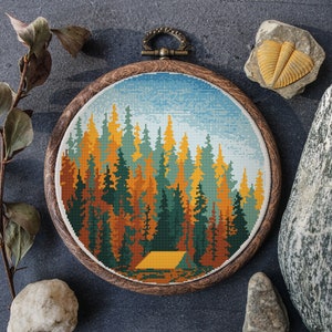 Fall Cross Stitch Pattern, Counted, Forest Camping Cross Stitch Sampler, Fall Landscape Embroidery Pattern, Easy Cross Stitch Charts