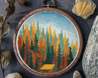 Fall Cross Stitch Pattern PDF, Counted, Camping Cross Stitch Art, Autumn Forest Embroidery Designs, Cross Stitch Diagrams