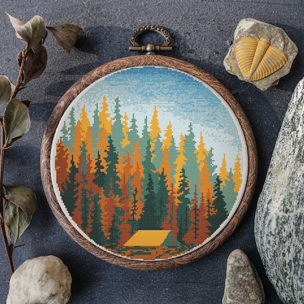 Fall Cross Stitch Pattern Forest Camping Cross Stitch Pattern Fall Landscape Embroidery Pattern Easy Croos Stitch Digital Downloads