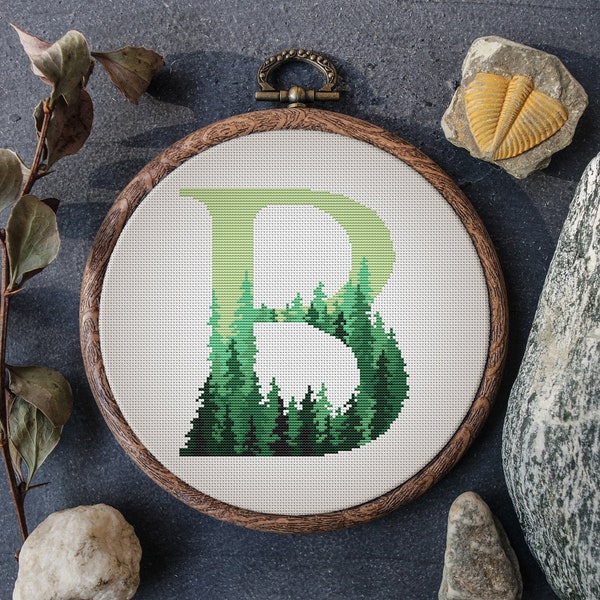 Monogram Cross Stitch Pattern, Green Forest Embroidery Pattern,  Letter Cross Stitch Sampler, Name Cross Stitch, Counted, Easy Cross Stitch