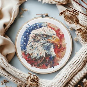 Vateritische Kreuzstichmuster, Kreuzstichmuster PDF mit amerikanischem Adler, Zählvorlage, USA Kreuzstichvorlage, Aquarell Stickmuster