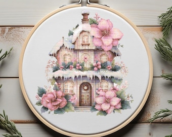 Christmas Cross Stitch Pattern With Cottage, Counted, Winter Cross Stitch Designs, Christmas Embroidery Pattern, Festive Cross Stitch Chart