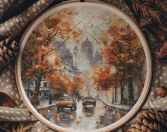 Fall Cross Stitch Pattern PDF,  Watercolor Cross Stitch Designs, Autumn Cityscape Embroidery Design, Counted Cross Stitch, Pattern Keeper