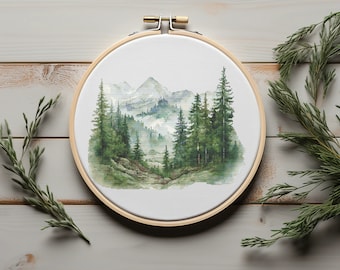 Modèle de point de croix forêt avec montagnes comptées, paysages comptés, nature sauvage, motif de broderie forêt, point de croix facile