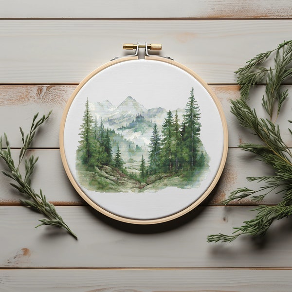 Modèle de point de croix forêt avec montagnes comptées, paysages comptés, nature sauvage, motif de broderie forêt, point de croix facile