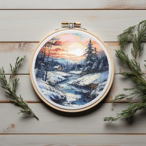 Natur Kreuzstichmuster mit Winterwald, gezählt, Landschaftskreuzstichmuster, Fluss-Stickmuster, einfacher Kreuzstich