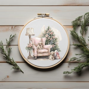 Cross Stitch Pattern With Christmas Tree, Cute Puppies Embroidery Pattern PDF Christmas Stitch Cross Stitch Chart, Pet Cross Stitch Art