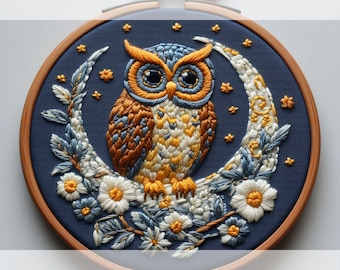 Hand Embroidery Pattern PDF With Owl, Animal Embroidery Pattern, Floral Embroidery Design, DIY Owl Craft, Embroidery File, Nursery Wall Art