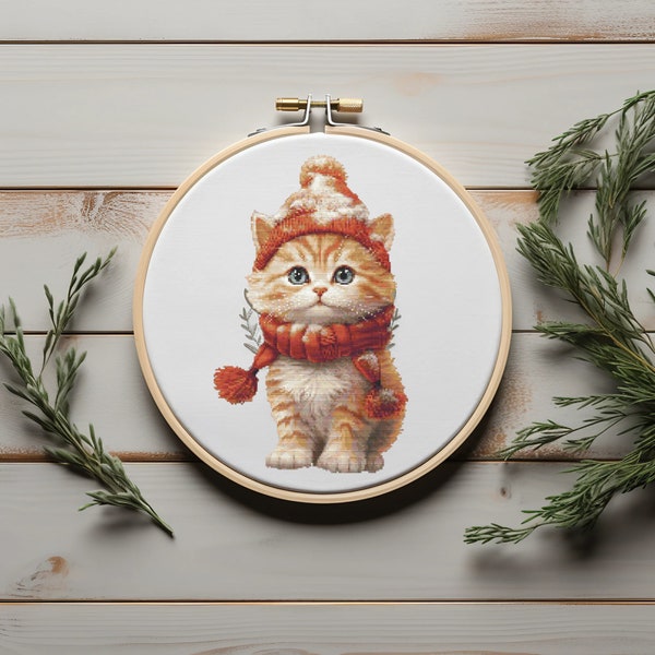 Cross Stitch Pattern With Santa Kitten Christmas Cat Embroidery Pattern Christmas Nursery Cross Stitch Easy Cross Stitch Digital Downloads