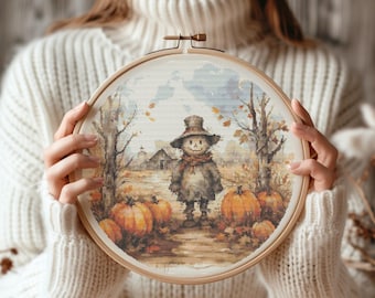 Fall Cross Stitch Pattern With  Watercolor Scarecrow, Spooky Pumpkins, Counted Cross Stitch, Halloween Embroidery Pdf, Pattern Keeper File
